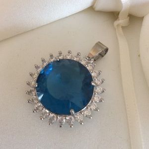 Sterling Silver Huge Blue Topaz And White CZ Pendant w/ Chain 925